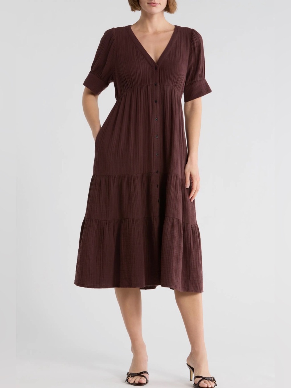 NWOT Madewell Lightspun Tiered Button-Front Midi-Maxi Dress in Chocolate Raisin